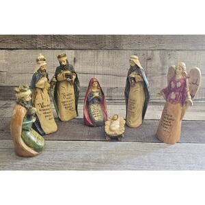 7 Piece Set Resin NATIVITY Bible Verse 6-7" Figurines Old World Style Christmas